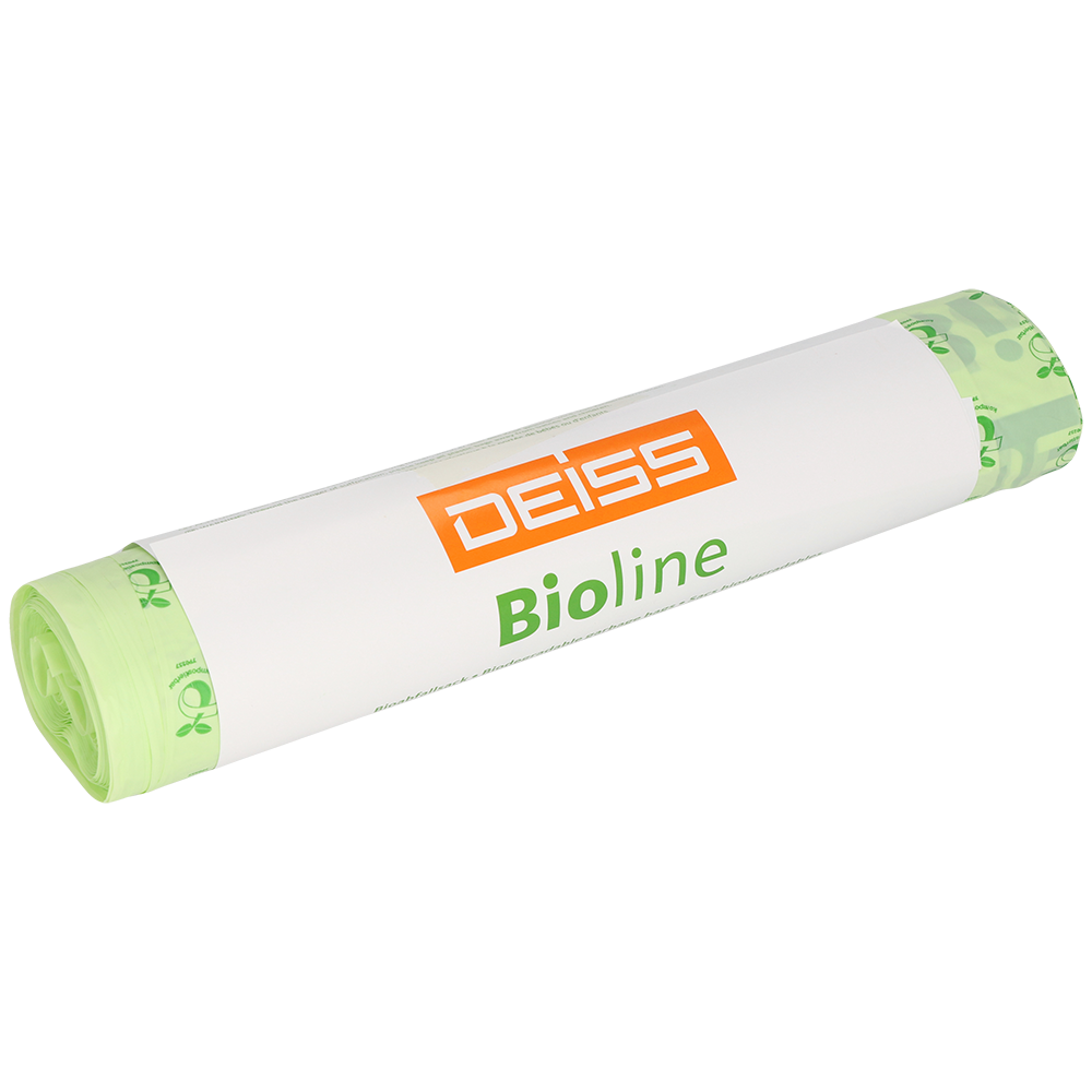 Eine ungeöffnete Rolle EMIL DEISS KG (GmbH + Co.) DEISS 6071 biologisch abbaubare Beutel (500+450x1250x0,022mm, natur) mit weiß-orangem "DEISS Bioline"-Etikett; enthält 5 fest verpackte Beutel pro Rolle.