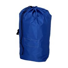 O saco de lixo reutilizável DEISS 6505 (700x1100 mm, azul) da EMIL DEISS KG possui um cordão preto e um bolso frontal retangular, fotografado sobre fundo branco.