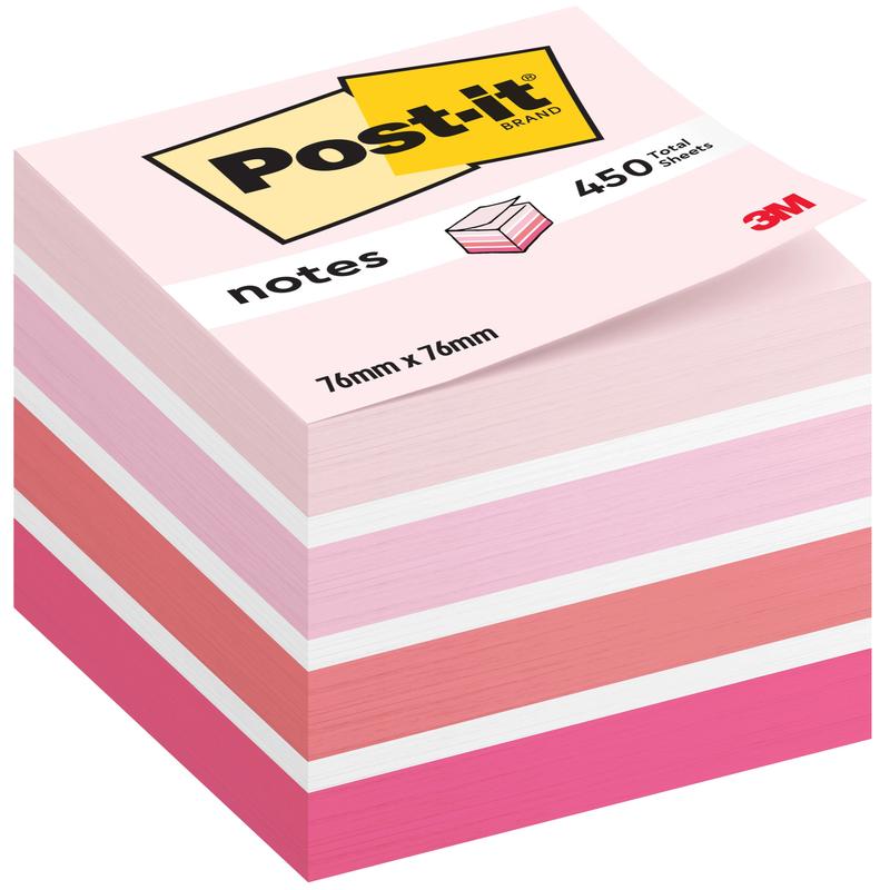 Uma pilha de blocos de notas Post-it®, 76 mm x 76 mm, 450 folhas por bloco, da 3M Deutschland GmbH. Em tons de rosa, branco e pêssego; a embalagem exibe o logotipo "Post-it" e indica a certificação 100% PEFC.