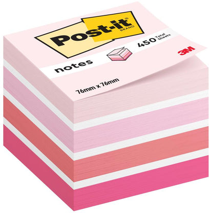 Uma pilha de blocos de notas Post-it®, 76 mm x 76 mm, 450 folhas por bloco, da 3M Deutschland GmbH. Em tons de rosa, branco e pêssego; a embalagem exibe o logotipo "Post-it" e indica a certificação 100% PEFC.
