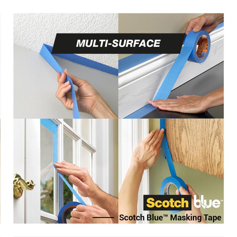 Quatro imagens mostram mãos aplicando fita de mascaramento ScotchBlue™ "Multi-Surface" da 3M Deutschland GmbH em um teto texturizado, um rodapé, uma moldura de janela e uma parede pintada. O texto diz "Multi-Surface" e "Scotch Blue Masking Tape".