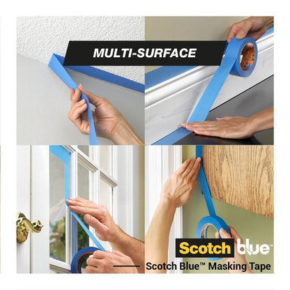 Quatro imagens mostram mãos aplicando fita de mascaramento ScotchBlue™ "Multi-Surface" da 3M Deutschland GmbH em um teto texturizado, um rodapé, uma moldura de janela e uma parede pintada. O texto diz "Multi-Surface" e "Scotch Blue Masking Tape".