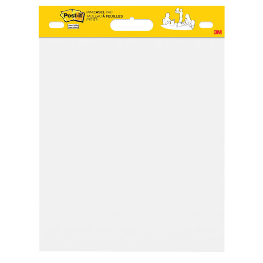 Die Post-it® Super Sticky selbsthaftendes Mini Meeting Chart 577SS von 3M Deutschland GmbH hat weiße Blätter (38 cm x 45,7 cm, 20 Blatt/Block), einen gelben Kopf und ist PEFC-zertifiziert. Mit Post-it- und 3M-Logos.