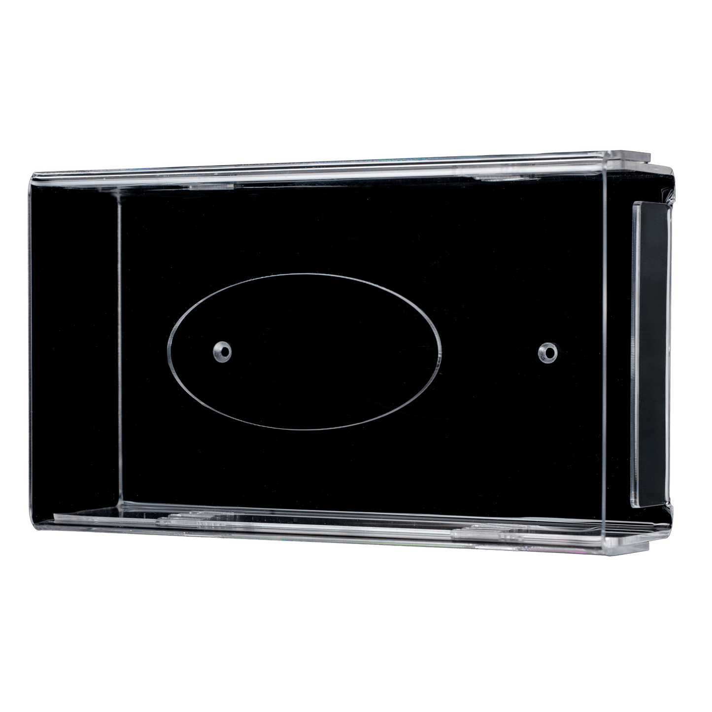 O dispensador de luvas descartáveis AMPri é um suporte de parede de acrílico transparente e leitoso (250 x 135 x 55-90 mm) com dois orifícios para parafusos e uma parte central oval, retratado sobre um fundo branco.