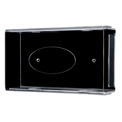 O dispensador de luvas descartáveis AMPri é um suporte de parede de acrílico transparente e leitoso (250 x 135 x 55-90 mm) com dois orifícios para parafusos e uma parte central oval, retratado sobre um fundo branco.