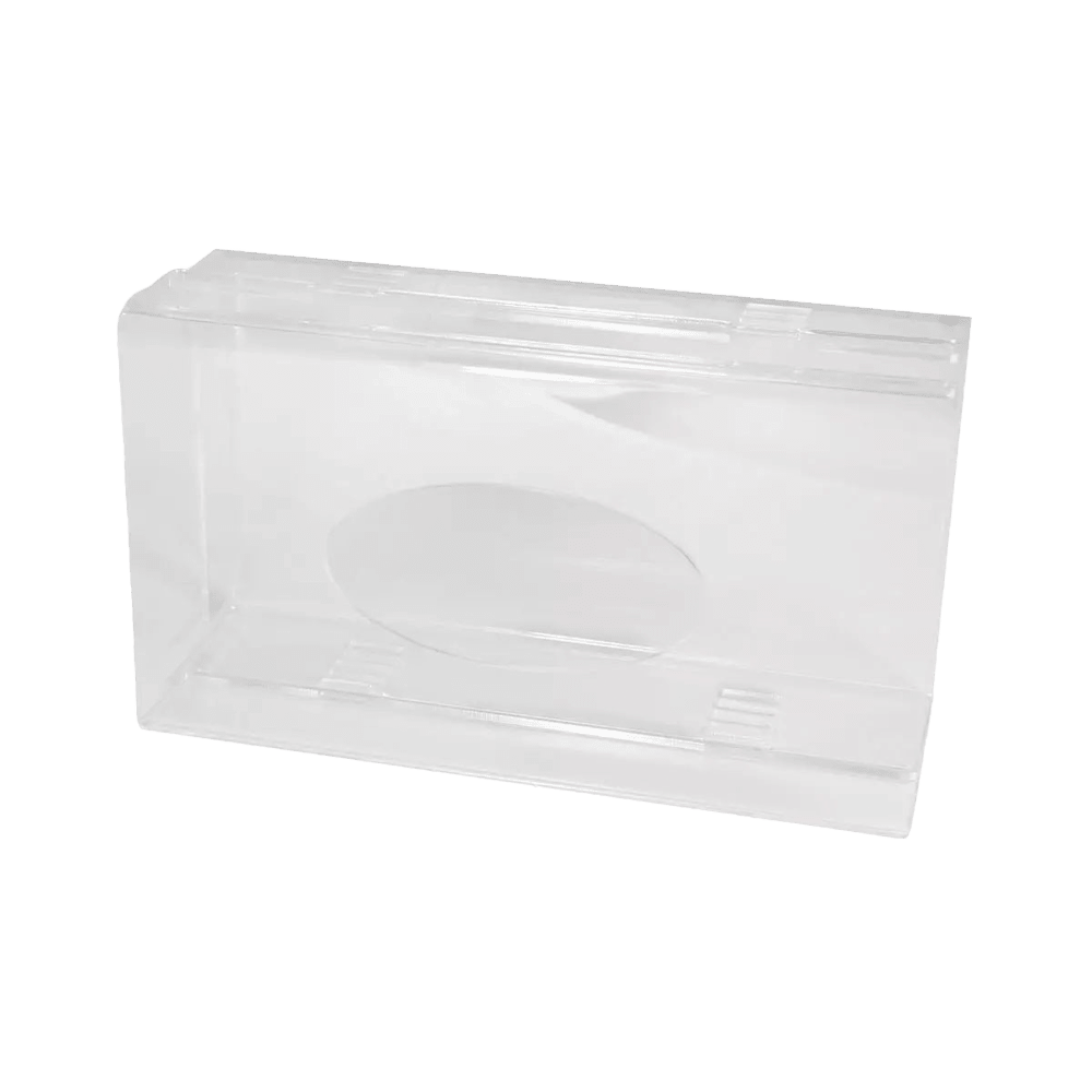 Um dispensador de luvas descartáveis de acrílico transparente e leitoso (250 x 135 x 55-90 mm) da AMPri Handelsgesellschaft mbH é mostrado fechado e vazio com uma tampa articulada sobre um fundo branco simples, ideal para armazenamento organizado de luvas.