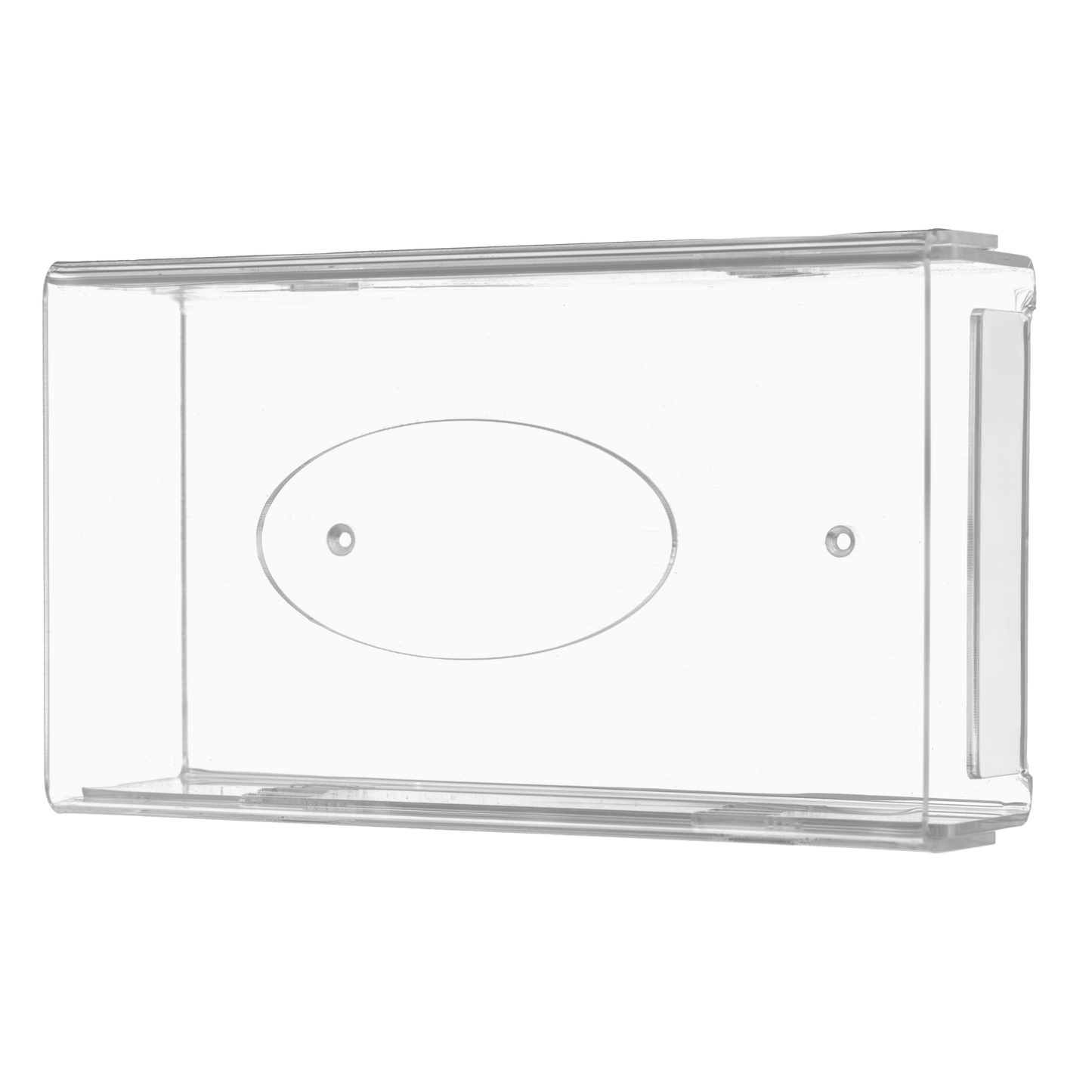 O dispensador de luvas descartáveis AMPri é um suporte de acrílico transparente e leitoso (250 x 135 x 55-90 mm) com bordas arredondadas, base plana, reentrância oval central e orifícios de fixação para fácil montagem na parede.