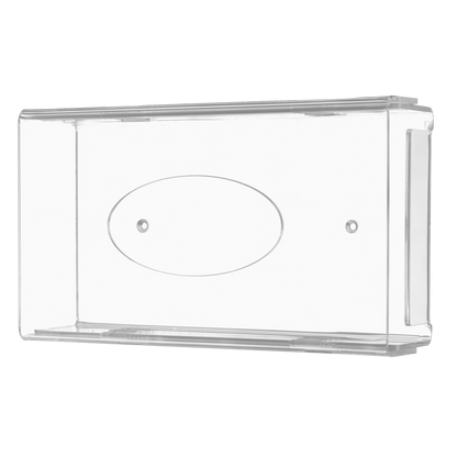 O dispensador de luvas descartáveis AMPri é um suporte de acrílico transparente e leitoso (250 x 135 x 55-90 mm) com bordas arredondadas, base plana, reentrância oval central e orifícios de fixação para fácil montagem na parede.
