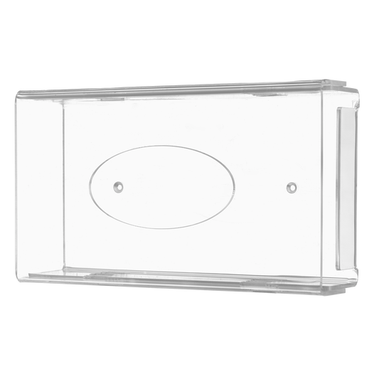 Der AMPri Einmalhandschuh Spender ist ein transparenter, milchiger Acryl-Spenderhalter (250 x 135 x 55-90 mm) mit abgerundeten Kanten, flachem Boden, zentraler ovaler Vertiefung und Befestigungslöchern zur einfachen Wandmontage.