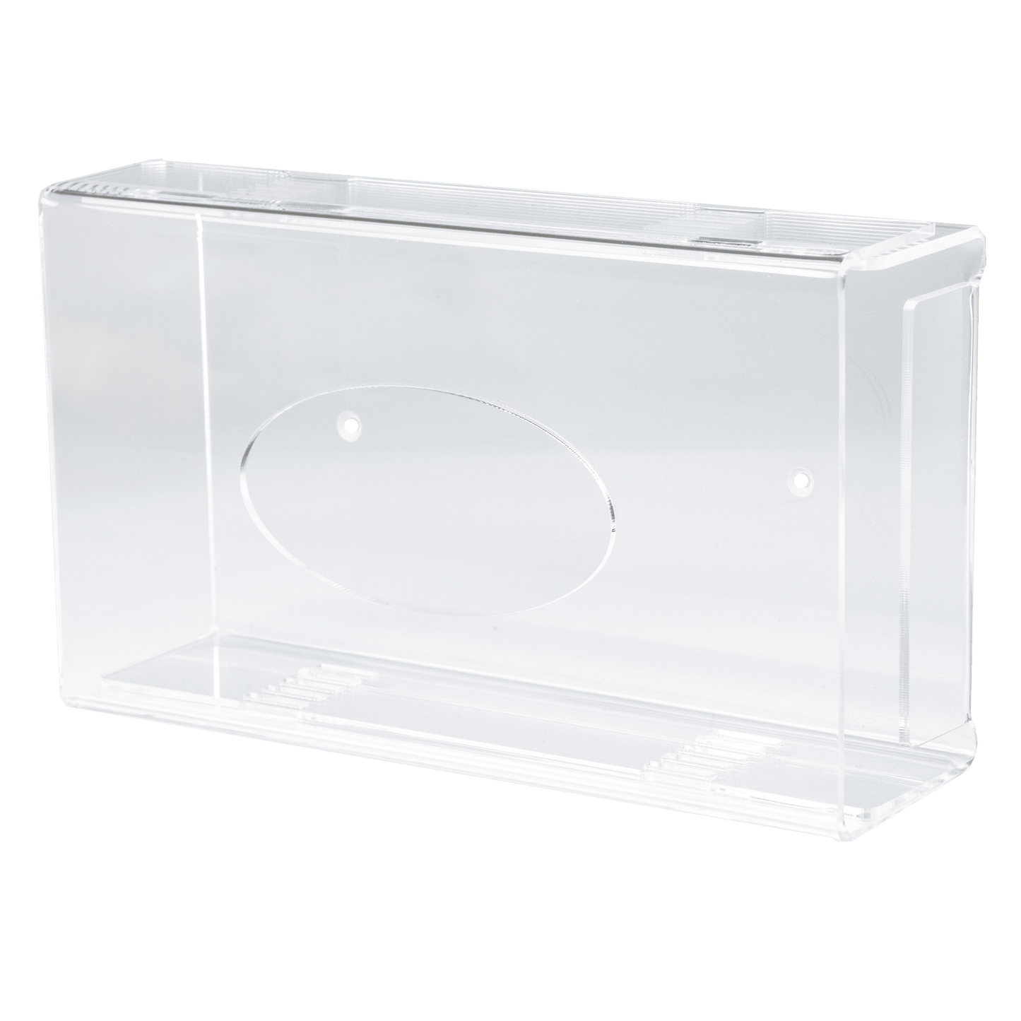 O dispensador de luvas descartáveis AMPri é um suporte de acrílico transparente e leitoso (250 x 135 x 55-90 mm) com bordas lisas e uma reentrância oval em um dos lados, retratado sobre um fundo branco simples.
