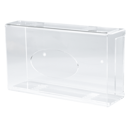 O dispensador de luvas descartáveis AMPri é um suporte de acrílico transparente e leitoso (250 x 135 x 55-90 mm) com bordas lisas e uma reentrância oval em um dos lados, retratado sobre um fundo branco simples.