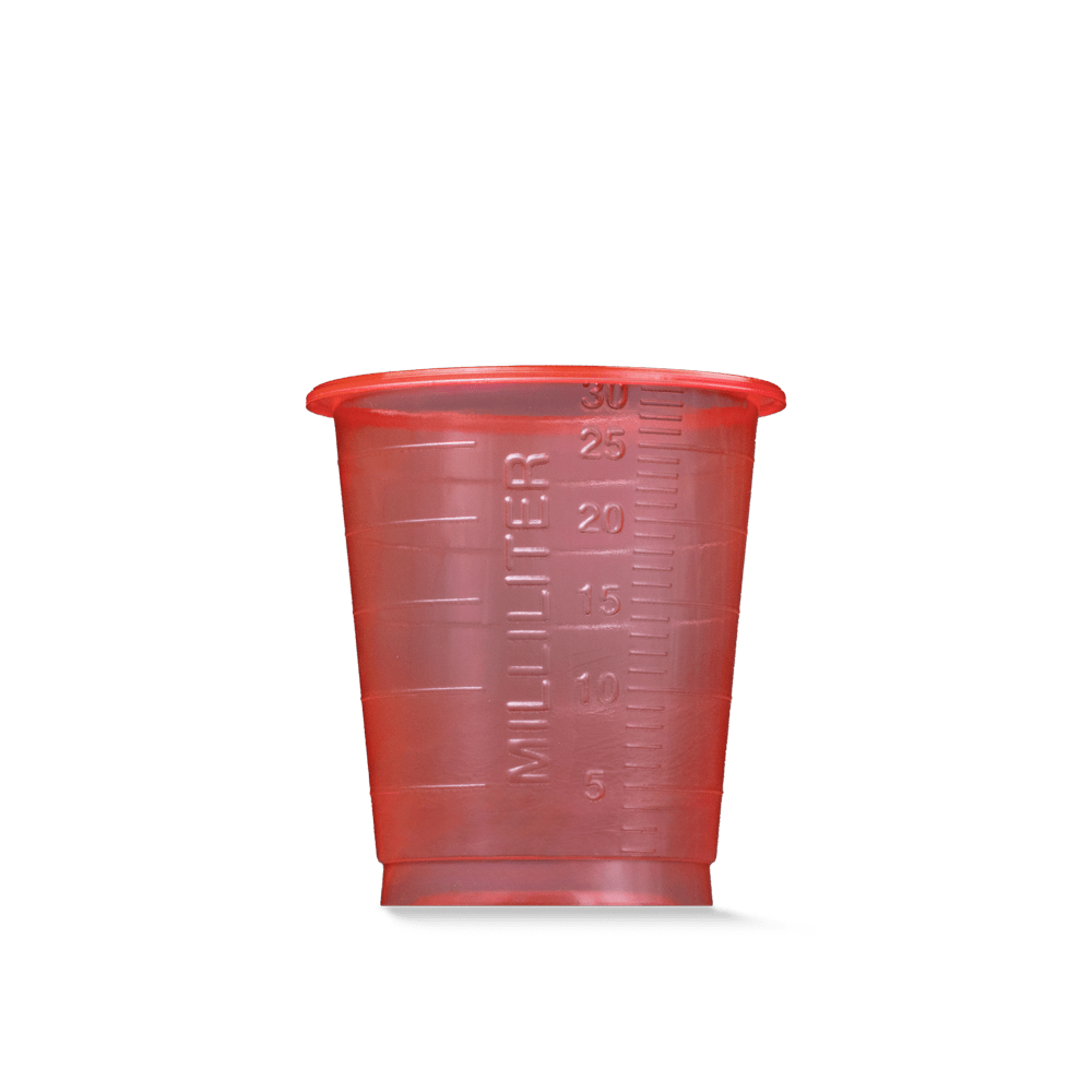 Um copo médico descartável translúcido vermelho MED COMFORT BASIC, 30 ml, graduado pela AMPri Handelsgesellschaft mbH para uso médico, com marcação de 30 ml, representado em frente a um fundo branco simples.