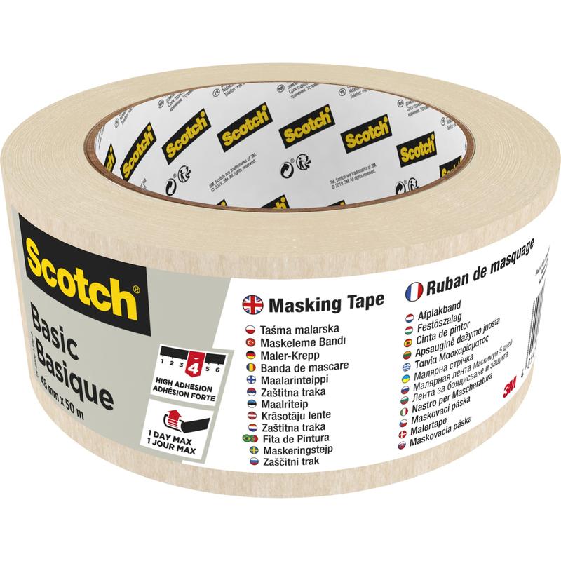 Um rolo de fita adesiva Scotch® Abdeckband Basic, 50 m da 3M Deutschland GmbH, possui uma embalagem multilingue com nome da marca, informações do produto, instruções de uso, símbolo de forte adesão, fita adesiva bege e o logótipo 3M.