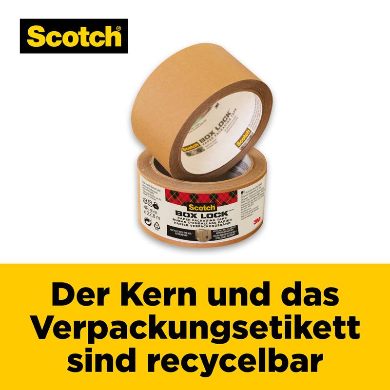 Um rolo de fita de embalagem de papel Scotch® Box Lock™ (48 mm x 22,8 m) da 3M Deutschland GmbH é mostrado com rótulo visível. O texto aponta para o núcleo reciclável e o rótulo da embalagem. Fundo amarelo, logotipo Scotch no canto superior esquerdo.