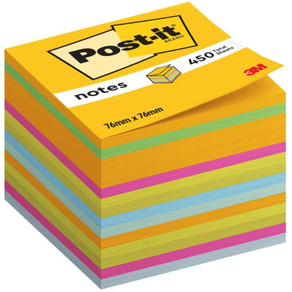 O cubo de notas adesivas Post-it® da 3M Deutschland GmbH em cores ultra (76 mm x 76 mm, 450 folhas/bloco) traz como bloco de notas prático-100% certificado PEFC, SGSCH-PEFC-COC-110078, cores vivas para a mesa.
