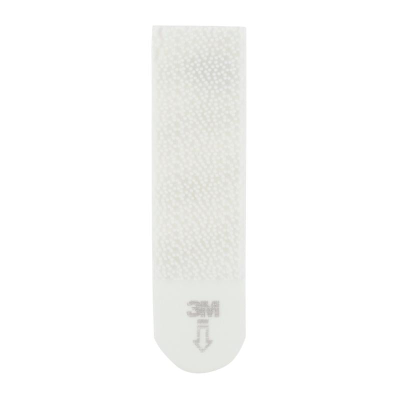 Um Strip de Montagem de Quadros Command™ de tamanho médio M 17201-4PKFGN da 3M Deutschland GmbH com superfície texturizada é visto em um fundo neutro - ideal para pendurar quadros sem pregos, com extremidade arredondada, logotipo "3M" e seta cinza.