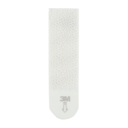 Um Strip de Montagem de Quadros Command™ de tamanho médio M 17201-4PKFGN da 3M Deutschland GmbH com superfície texturizada é visto em um fundo neutro - ideal para pendurar quadros sem pregos, com extremidade arredondada, logotipo "3M" e seta cinza.