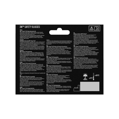 Parte traseira da embalagem dos óculos de proteção 3M™ Virtua™ AP, vidro cinza da 3M Deutschland GmbH, com texto multilingue em branco, símbolos de proteção ocular e faixa de temperatura, bem como detalhes do produto - tudo sobre um fundo preto simples.