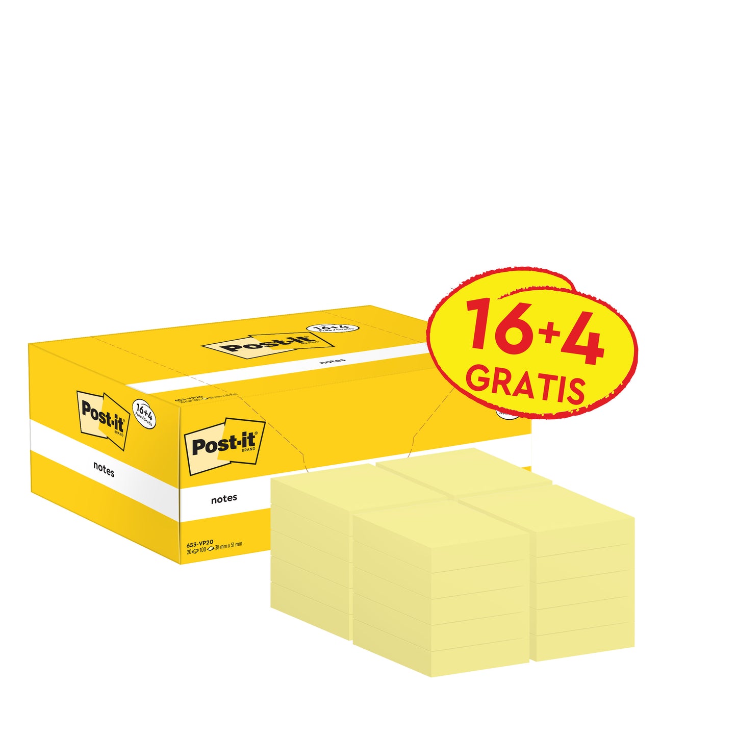 Um pacote promocional amarelo de blocos de notas Post-it® (3M Deutschland GmbH), 38x51mm, 100 folhas/bloco, contém 16 blocos mais 4 grátis (16+4 GRÁTIS). Inclui o icônico logotipo Post-it; os blocos de notas são certificados PEFC (SGSCH-PEFC-COC-110078).