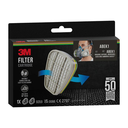Uma caixa preta do cartucho de filtro 3M™ 6059, filtro combinado ABEK1 (1 par/pacote) da 3M Deutschland GmbH mostra um filtro branco, pessoa com máscara de proteção respiratória, compatibilidade com máscaras e proteção contra gases e vapores orgânicos.
