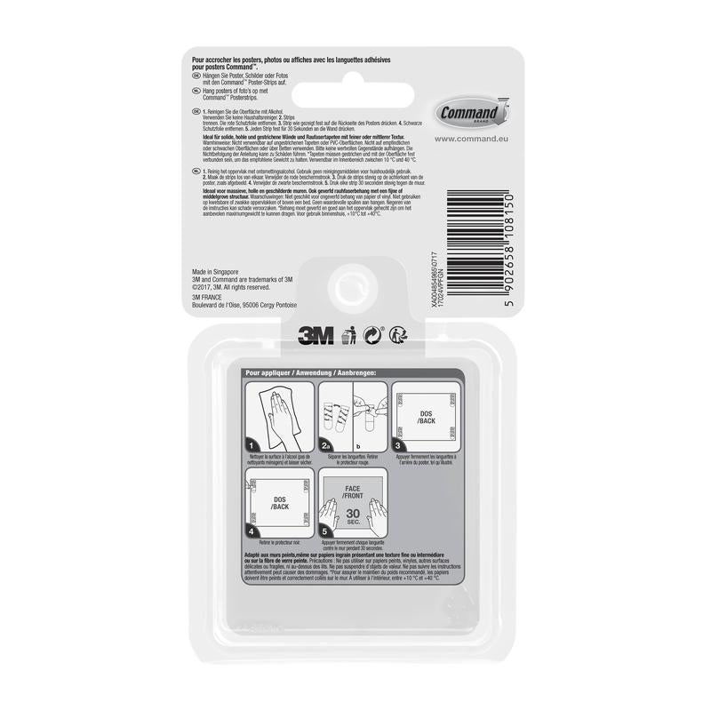 No verso da tira para poster Command™ no pack de vantagem, 17024-VP da 3M Deutschland GmbH, há instruções em francês, neerlandês e alemão, um código de barras, os logotipos da 3M e Command, bem como etapas ilustradas para fixação sem furar.