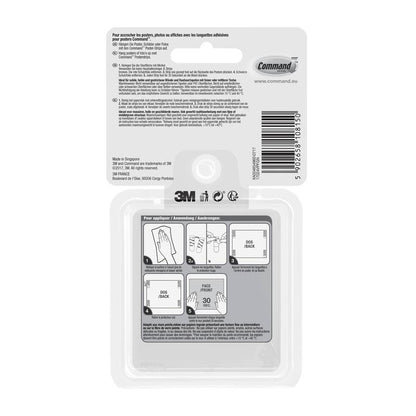 No verso da tira para poster Command™ no pack de vantagem, 17024-VP da 3M Deutschland GmbH, há instruções em francês, neerlandês e alemão, um código de barras, os logotipos da 3M e Command, bem como etapas ilustradas para fixação sem furar.