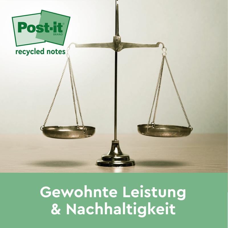 Uma balança de latão está sobre um fundo bege, acima há um logotipo verde de "Post-it® Recycling Notes". Abaixo está o texto: "Desempenho habitual & Sustentabilidade" em verde. Produto: 38x51mm, 100 folhas/bloco, 100% PEFC da 3M Deutschland GmbH.