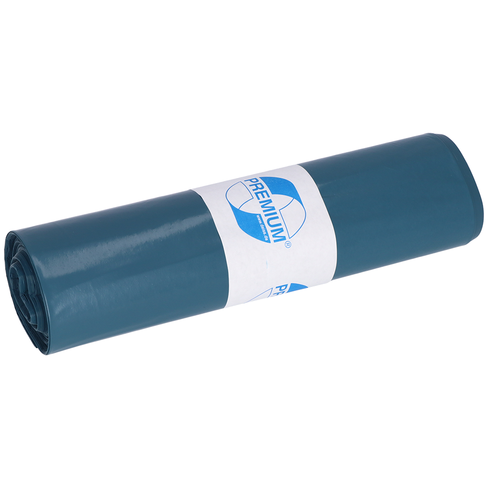 Eine aufgerollte EMIL DEISS KG (GmbH + Co.) DEISS 10032 blaue Müllsackrolle (25 Säcke, 630x800x0,05 mm) mit einem "PREMIUM"-Etikett ist auf einem schlichten weißen Hintergrund abgebildet.