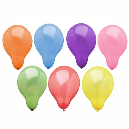 Sete PAPSTAR 100 balões redondos coloridos sortidos (laranja, azul, roxo, rosa, verde, vermelho, amarelo) da marca PAPSTAR GmbH estão dispostos em duas filas sobre um fundo branco.