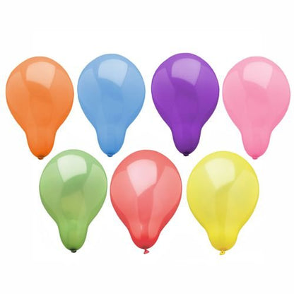 Sete PAPSTAR 100 balões redondos coloridos sortidos (laranja, azul, roxo, rosa, verde, vermelho, amarelo) da marca PAPSTAR GmbH estão dispostos em duas filas sobre um fundo branco.