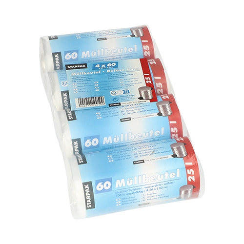 Quatro rolos de sacos de lixo Starpak 240, HDPE 25 l (52 x 50 cm), com 60 sacos transparentes cada, são entregues numa embalagem de plástico transparente com etiquetas alemãs azuis e vermelhas – ideal para o descarte higiénico de resíduos.