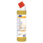 Uma garrafa de 750 ml de Room Care R8 Descalcificador da Diversey Deutschland com tampa vermelha e rótulo multilingue amarelo, ideal para remover depósitos de calcário na casa de banho.
