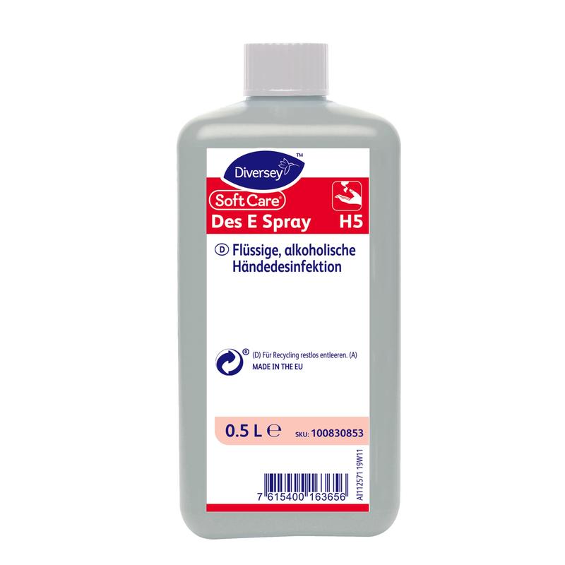 Uma garrafa de 0,5 litros de Soft Care Des E Spray H5 desinfetante para as mãos da Diversey Deutschland GmbH & Co. OHG, em formato spray prático, rotulada em alemão com corpo cinza, tampa branca e informações de produto/reciclagem na frente.