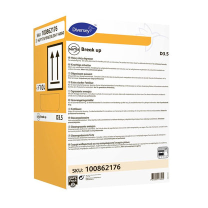 Um recipiente retangular amarelo e branco de 5 litros com Diversey Suma Break up D3.5 desengordurante (seguro para alumínio) da Diversey Deutschland GmbH & Co. OHG, com detalhes de aplicação, instruções, SKU 100862176 e setas para a posição vertical no rótulo.
