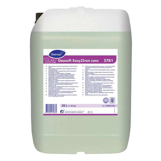 Ein durchsichtiger 20-Liter-Behälter mit Diversey Clax Deosoft Easy2Iron Conc 57B1 Weichspüler mit bügelfreundlichen Eigenschaften, ideal für professionelle Wäschereien, mit weißem Schraubverschluss und beschriftetem Etikett.