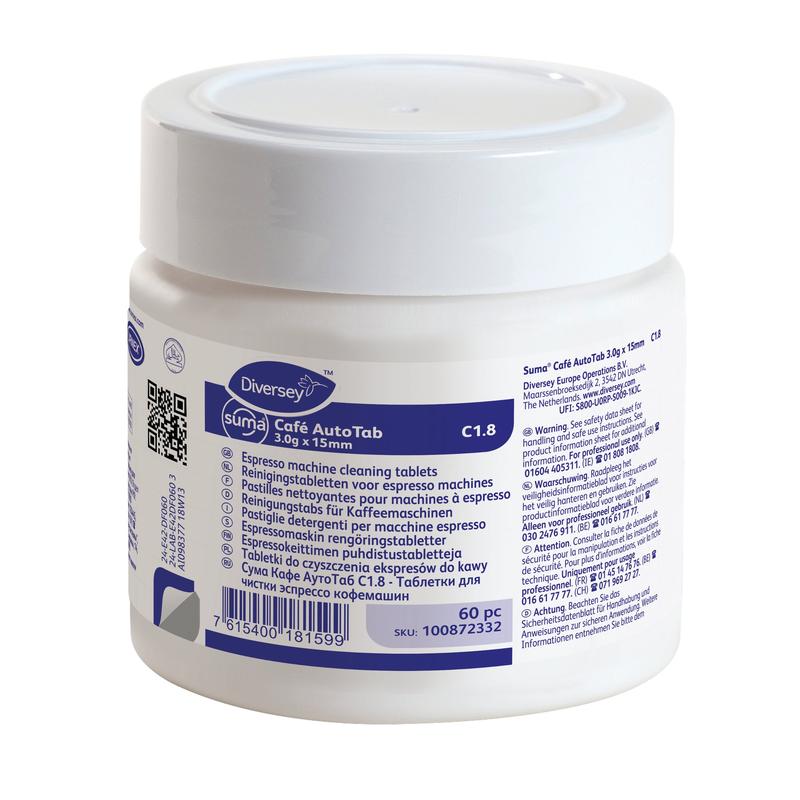 Um recipiente de plástico branco das pastilhas de limpeza Suma Café AutoTab para máquinas de café expresso (60 unid.) da Diversey Deutschland GmbH & Co. OHG com etiqueta azul e branca; remove eficazmente gorduras e óleos de café.