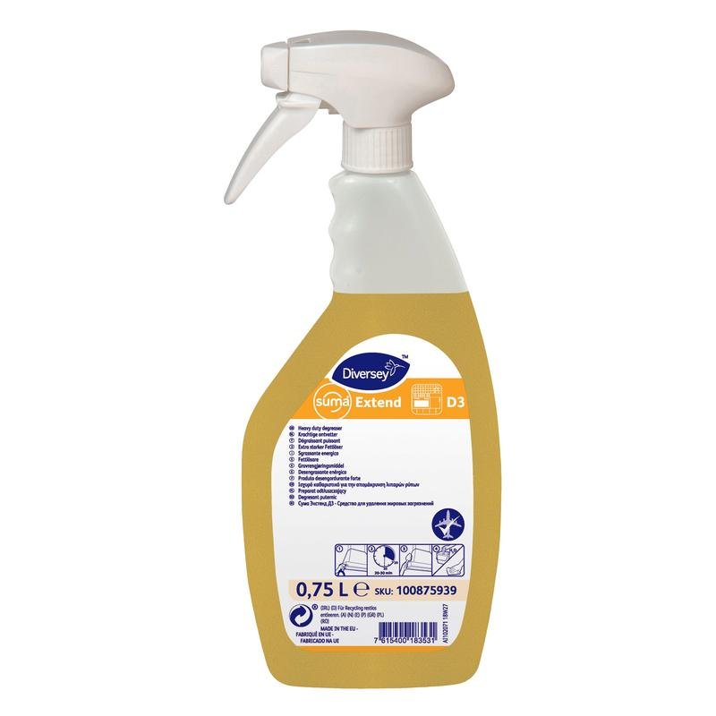 Uma garrafa de spray de 0,75 litros Diversey Suma Extend D3 desengordurante, pronto para uso e seguro para alumínio, da Diversey Deutschland GmbH & Co. OHG contém um líquido amarelo e está equipada com um rótulo com informações do produto, instruções e símbolos de segurança.