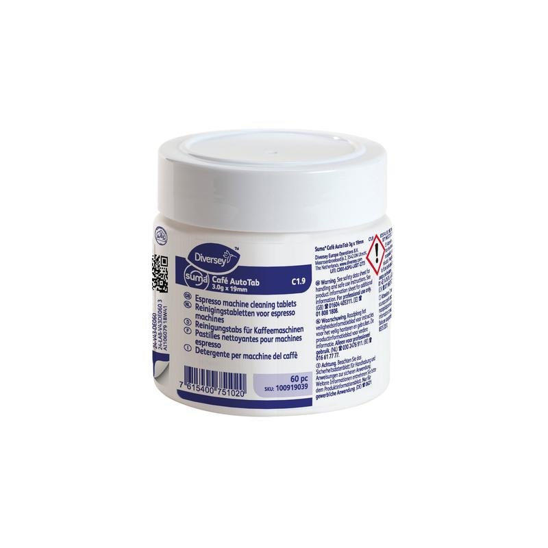 Um recipiente de plástico branco com Suma Café Auto Tab 3gx19mm C1.9 comprimido de limpeza para máquinas de café expresso (60 peças) da Diversey Deutschland GmbH & Co. OHG, com rótulo multilingue e símbolo de perigo, para a limpeza de gorduras e óleos de café.