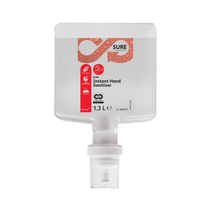 Um recipiente retangular de 1,3 litros com SURE Instant Hand Sanitizer da Diversey Deutschland GmbH & Co. OHG, com uma pistola de bombeamento na parte inferior e um rótulo vermelho e preto com símbolos para combate eficaz a germes.