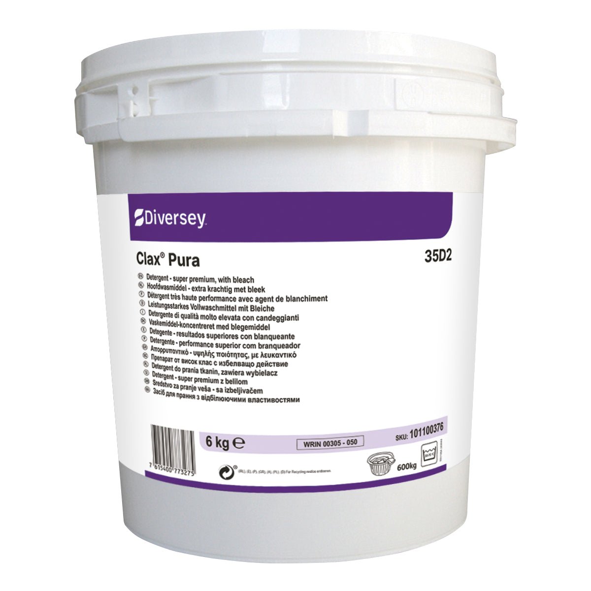 Um balde branco de 6 kg da Diversey Deutschland Clax Pura 35D2 detergente enzimático completo com pega e tampa, com etiqueta roxa e branca com marca, detalhes do produto, instruções e texto multilingue.