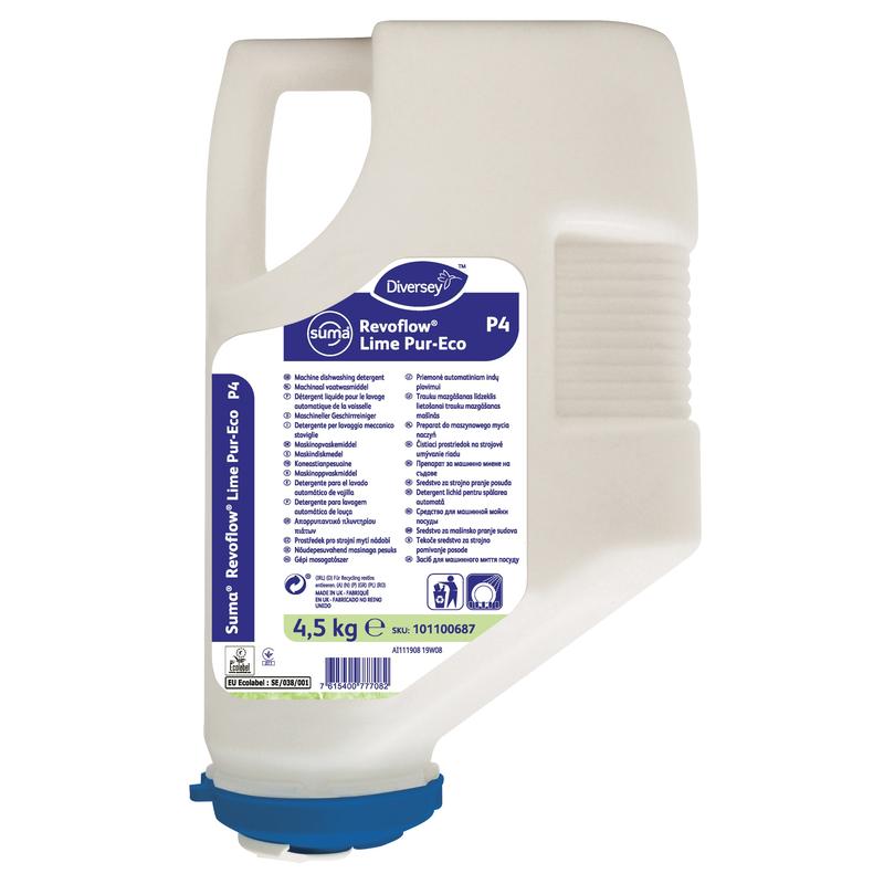 Um cartucho de plástico de 4,5 kg da Diversey Suma Revoflow Lime Pur-Eco P4, detergente de alto desempenho para máquinas de lavar louça para água de média a alta dureza, com tampa de dosagem azul e etiqueta detalhada.