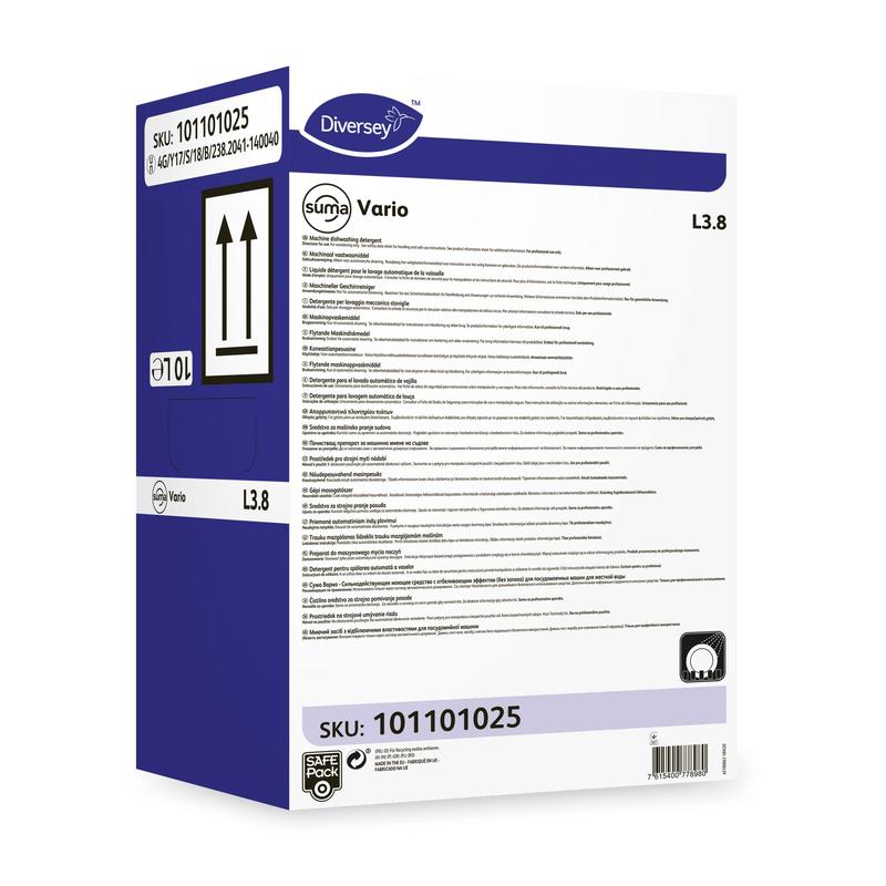 Uma caixa retangular de Detergente para Louça Diversey Suma Vario L3.8 com lixívia sem cheiro de cloro (SKU 101101025) da Diversey Deutschland GmbH & Co. OHG mostra detalhes do produto, códigos de barras, setas pretas apontando para cima e marcações de capacidade em um fundo branco-azul.