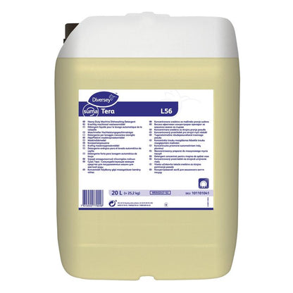 Um recipiente de plástico de 20 litros Diversey Suma Tera L56, um detergente de loiça altamente concentrado para água dura da Diversey Deutschland GmbH & Co. OHG, com tampa e alça brancas, além de informações em várias línguas num rótulo branco-azul.