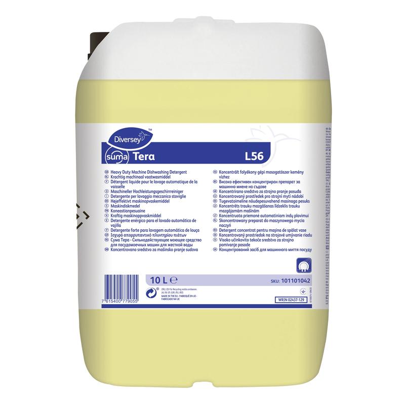 Um recipiente de 10 litros Diversey Suma Tera L56, um detergente de loiça altamente concentrado para água dura da Diversey Deutschland GmbH & Co. OHG, com corpo branco, líquido amarelo, rótulo azul-branco e tampa branca.