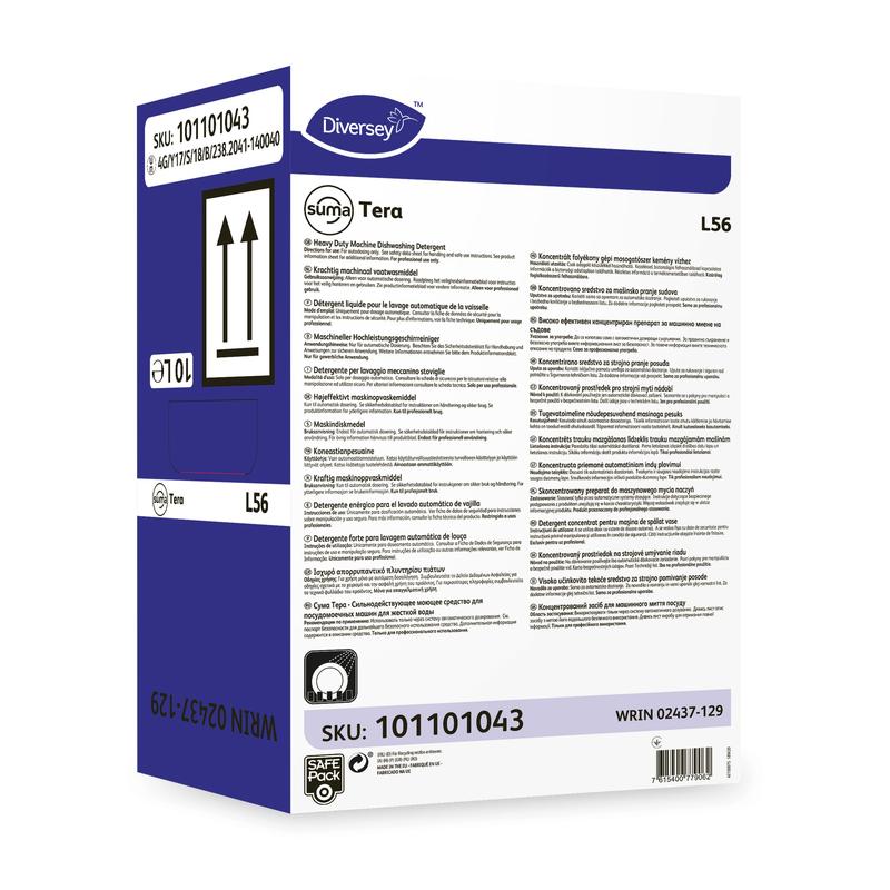 Uma caixa branco-violeta com a inscrição "Diversey Suma Tera L56, Detergente de Loiça de Alta Concentração para Água Dura" da Diversey Deutschland GmbH & Co. OHG com detalhes do produto, informações de segurança, códigos de barras, setas, SKU 101101043 e WRIN 02437-129.