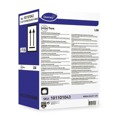 Uma caixa branco-violeta com a inscrição "Diversey Suma Tera L56, Detergente de Loiça de Alta Concentração para Água Dura" da Diversey Deutschland GmbH & Co. OHG com detalhes do produto, informações de segurança, códigos de barras, setas, SKU 101101043 e WRIN 02437-129.