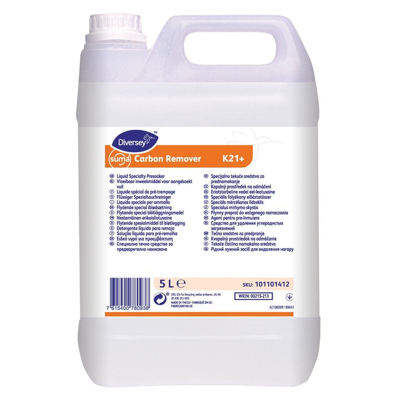 Diversey Suma Carbon Remover K21+, removedor de incrustações líquido em recipiente de 5 litros com alça e tampa de rosca, rótulo branco com detalhes laranja e instruções multilíngues. Remove eficazmente sujidades difíceis.