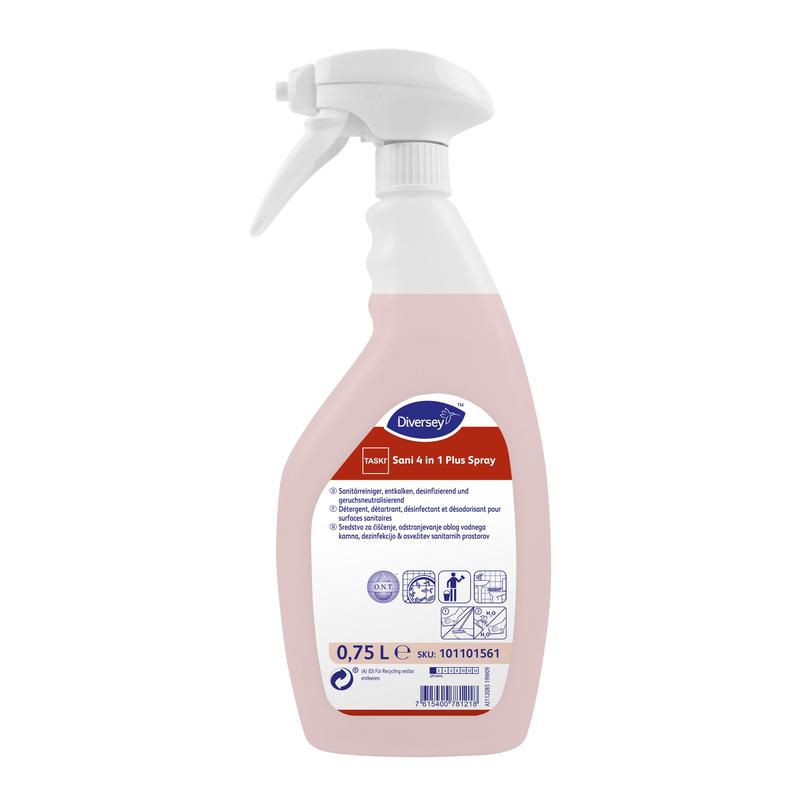 Uma garrafa de spray de 0,75 litros em branco com a inscrição "TASKI Sani 4 in 1 Plus" da Diversey Deutschland GmbH & Co. OHG contém um líquido rosa e apresenta instruções de limpeza e desinfecção como um limpador sanitário líquido à base de ácido láctico para superfícies.