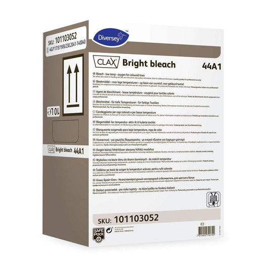 Um recipiente retangular com a inscrição «Clax Bright Bleach 44A1 Alvejante para roupa colorida» da Diversey Deutschland GmbH & Co. OHG, com informações sobre o produto, instruções e avisos de segurança em várias línguas. Eficaz em roupa colorida e manchas difíceis. Número de artigo: 101103052.