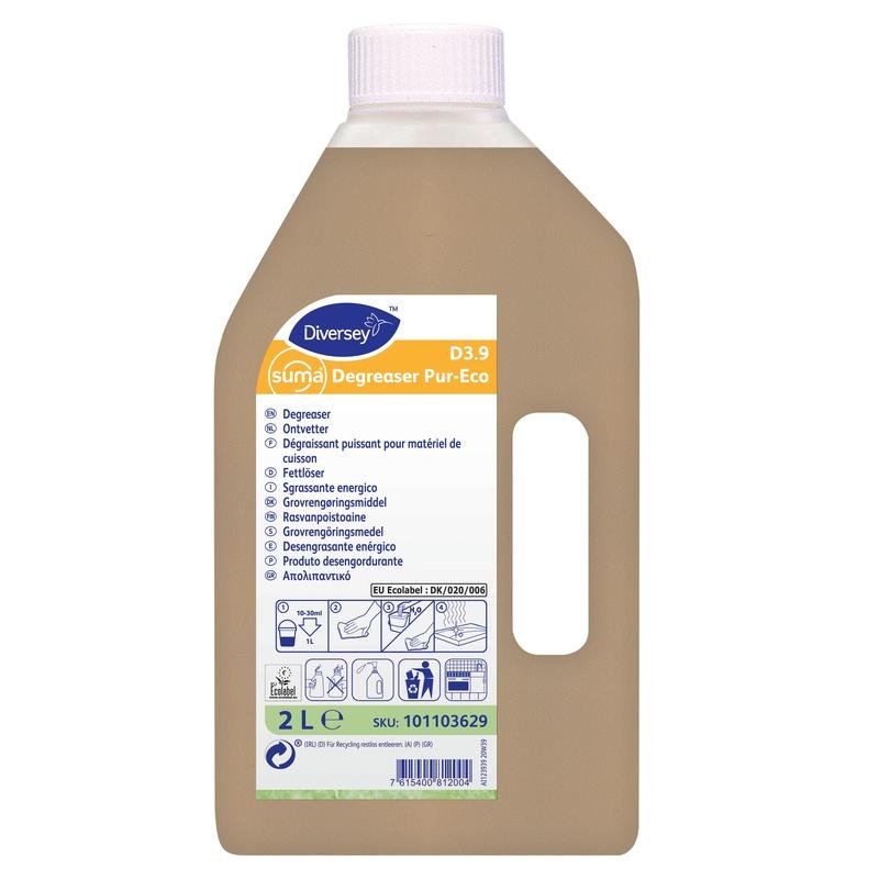 Uma garrafa de 2 litros de Suma Degreaser Pur-Eco D3.9 Desengordurante da Diversey Deutschland GmbH & Co. OHG, com líquido bege, pictogramas ecológicos, informações do produto, instruções no rótulo e inclui cabeça de pulverização.
